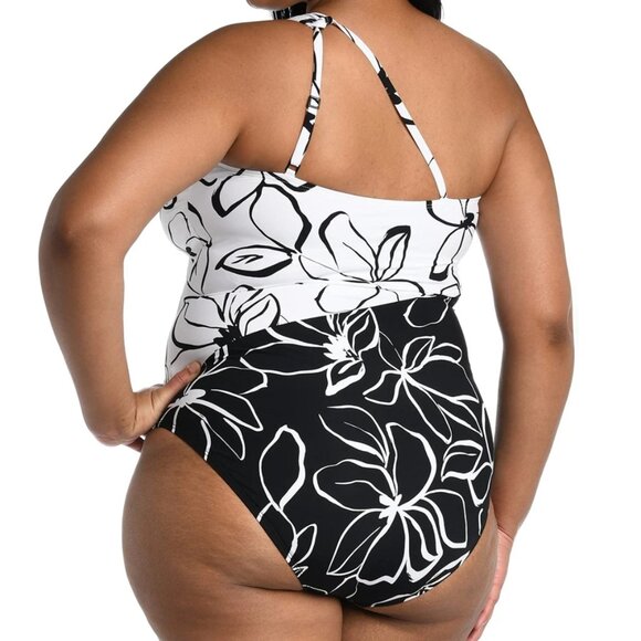 New La Blanca One Piece Swimsuit Size 22W Cut Out One Shoulder Black White - Picture 2 of 6